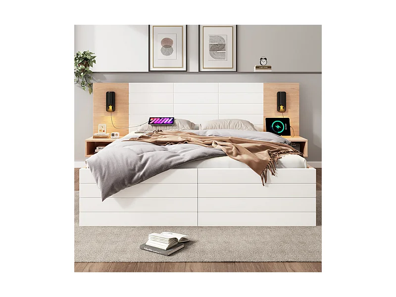 Lit coffre avec chevets 140x200cm - 2 grand tiroirs - Avec lampe de lecture 360° et charge USB - Blanc et naturel