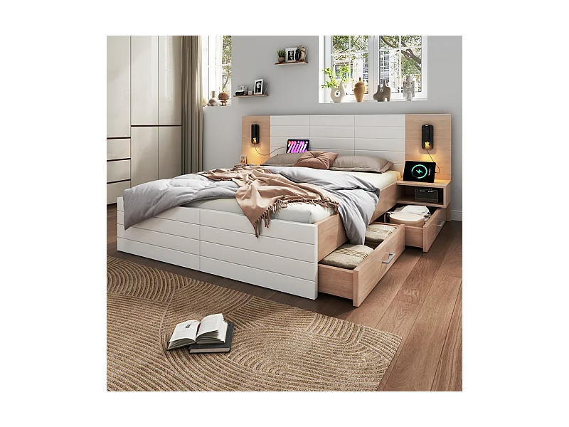 Lit coffre avec chevets 140x200cm - 2 grand tiroirs - Avec lampe de lecture 360° et charge USB - Blanc et naturel