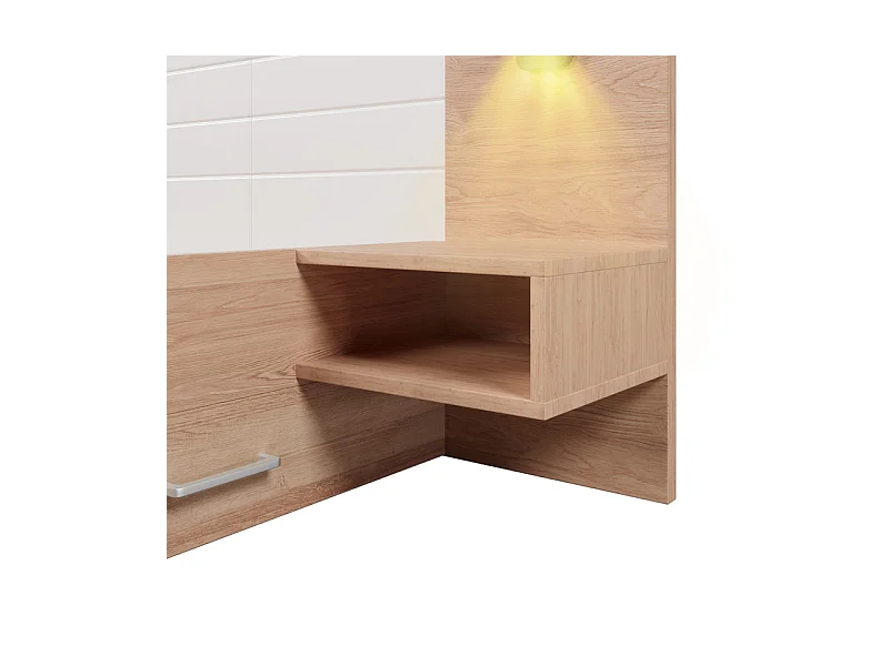 Lit coffre avec chevets 140x200cm - 2 grand tiroirs - Avec lampe de lecture 360° et charge USB - Blanc et naturel
