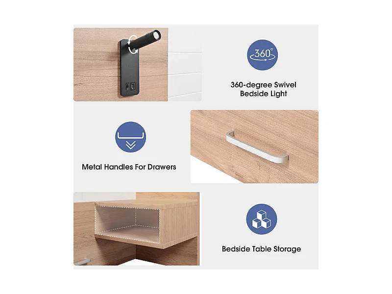 Lit coffre avec chevets 140x200cm - 2 grand tiroirs - Avec lampe de lecture 360° et charge USB - Blanc et naturel