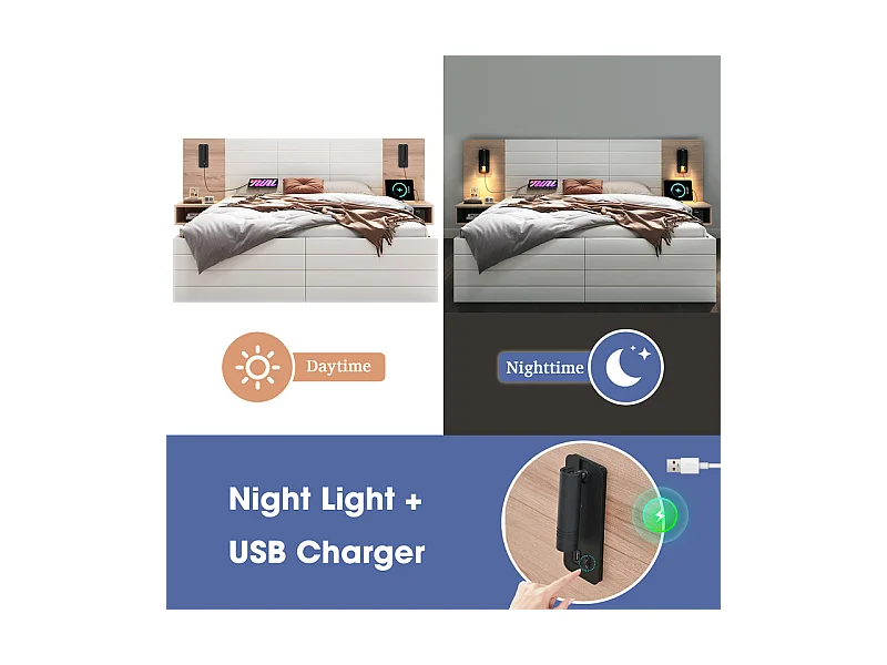 Lit coffre avec chevets 140x200cm - 2 grand tiroirs - Avec lampe de lecture 360° et charge USB - Blanc et naturel