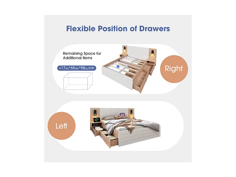 Lit coffre avec chevets 140x200cm - 2 grand tiroirs - Avec lampe de lecture 360° et charge USB - Blanc et naturel