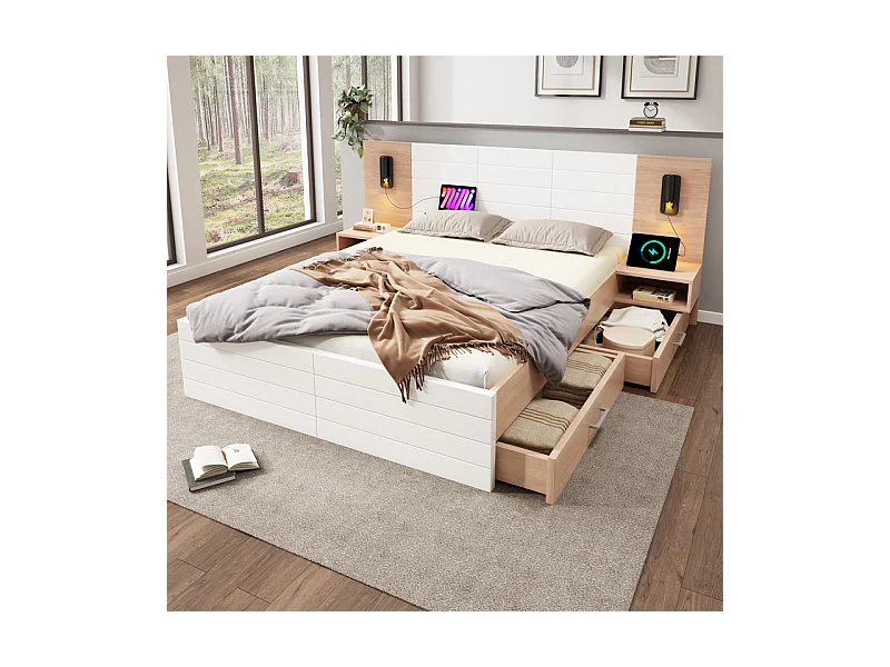 Bett mit Bettkasten und Nachttischen 140x200 cm - 2 große Schubladen - Mit 360° Leselampe und USB-Ladung - Weiß und natur