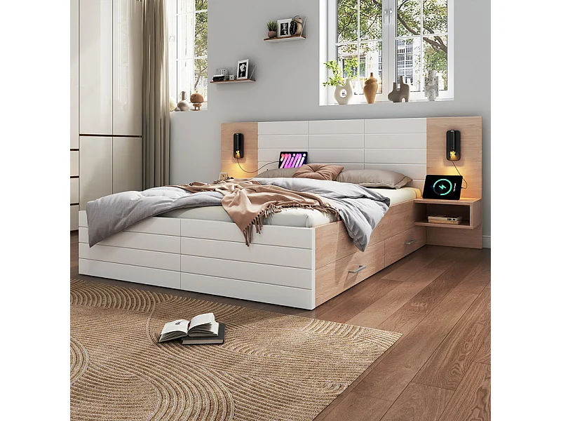 Lit coffre avec chevets 140x200cm - 2 grand tiroirs - Avec lampe de lecture 360° et charge USB - Blanc et naturel