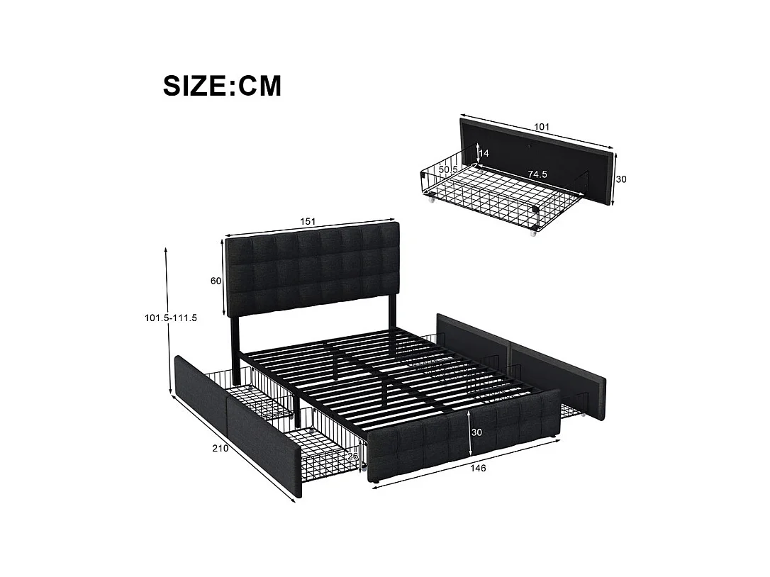 Lit double 140x200cm avec 4 tiroirs - tête de lit réglable - cadre à latte en métal - Lin - Noir (sans matelas)