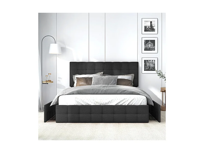 Lit double 140x200cm avec 4 tiroirs - tête de lit réglable - cadre à latte en métal - Lin - Noir (sans matelas)