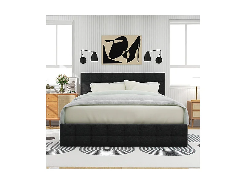 Lit double 140x200cm avec 4 tiroirs - tête de lit réglable - cadre à latte en métal - Lin - Noir (sans matelas)