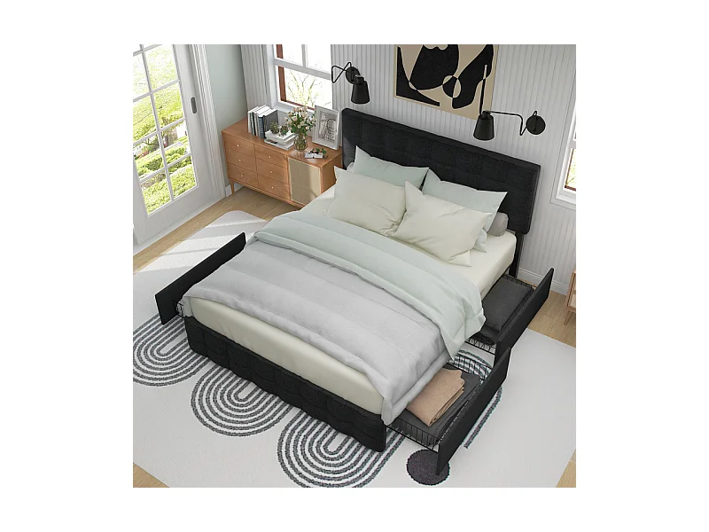 Lit double 140x200cm avec 4 tiroirs - tête de lit réglable - cadre à latte en métal - Lin - Noir (sans matelas)