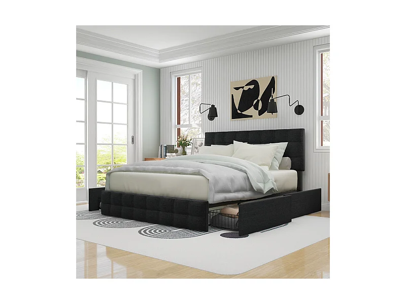 Lit double 140x200cm avec 4 tiroirs - tête de lit réglable - cadre à latte en métal - Lin - Noir (sans matelas)