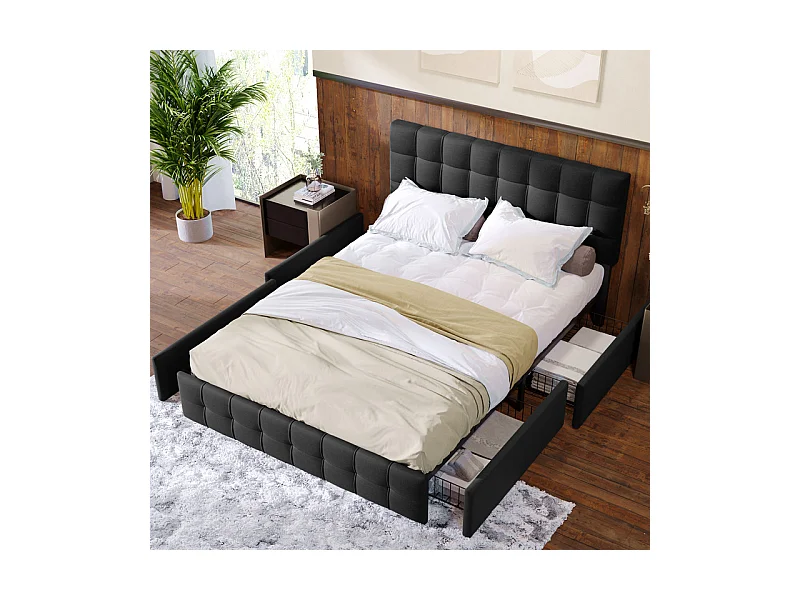 Lit double 140x200cm avec 4 tiroirs - tête de lit réglable - cadre à latte en métal - Lin - Noir (sans matelas)