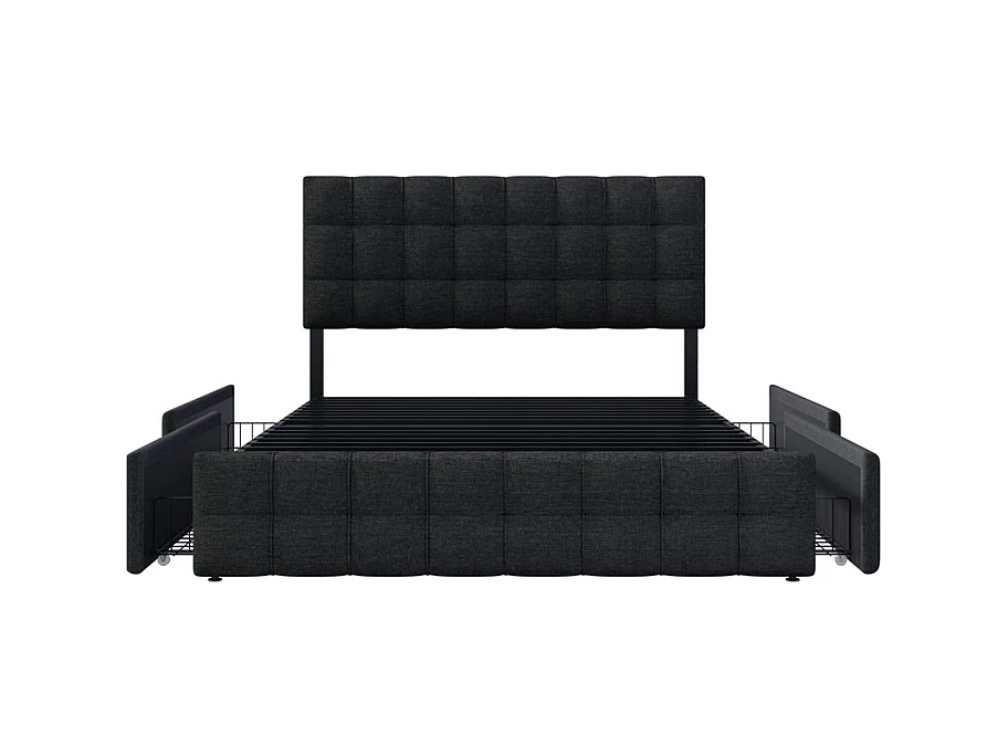 Lit double 140x200cm avec 4 tiroirs - tête de lit réglable - cadre à latte en métal - Lin - Noir (sans matelas)