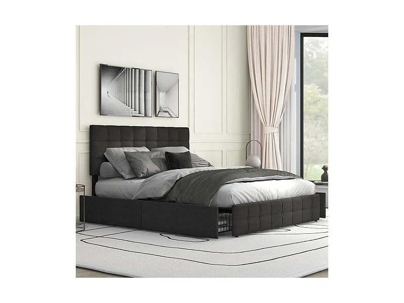 Tweepersoonsbed 140x200 cm met 4 lades - Verstelbare hoofdeinde - Metalen lattenbodem - Linnen - Zwart (zonder matras)