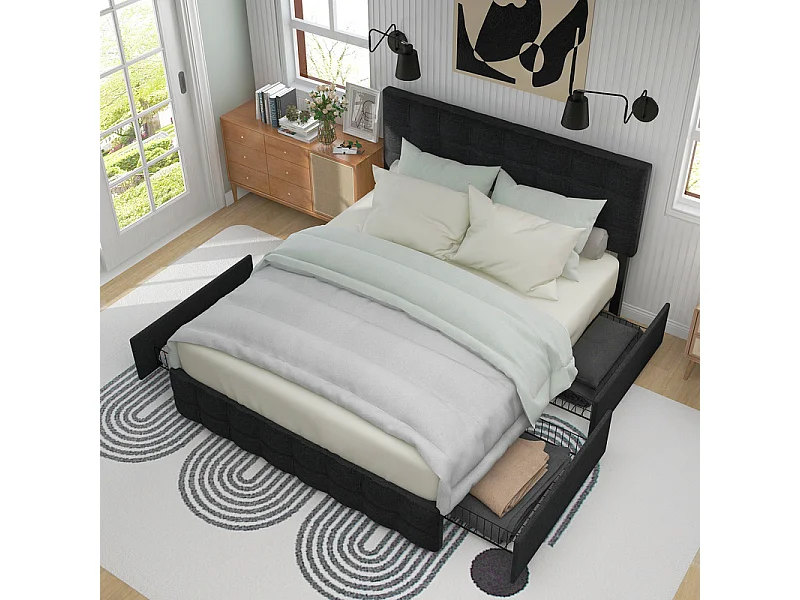 Lit double 140x200cm avec 4 tiroirs - tête de lit réglable - cadre à latte en métal - Lin - Noir (sans matelas)