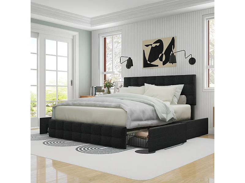 Lit double 140x200cm avec 4 tiroirs - tête de lit réglable - cadre à latte en métal - Lin - Noir (sans matelas)