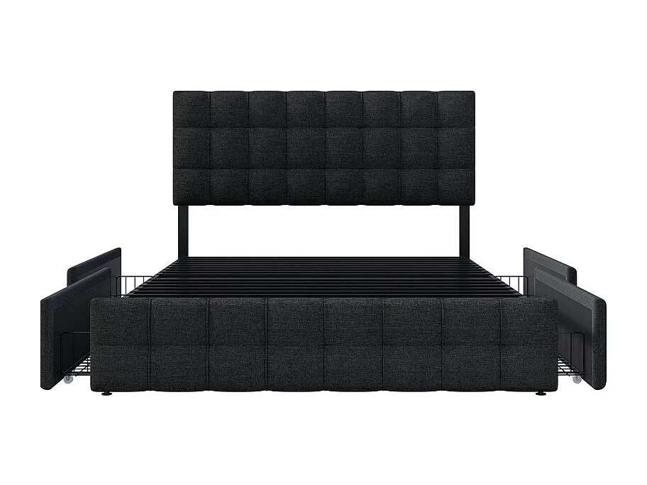 Lit double 140x200cm avec 4 tiroirs - tête de lit réglable - cadre à latte en métal - Lin - Noir (sans matelas)