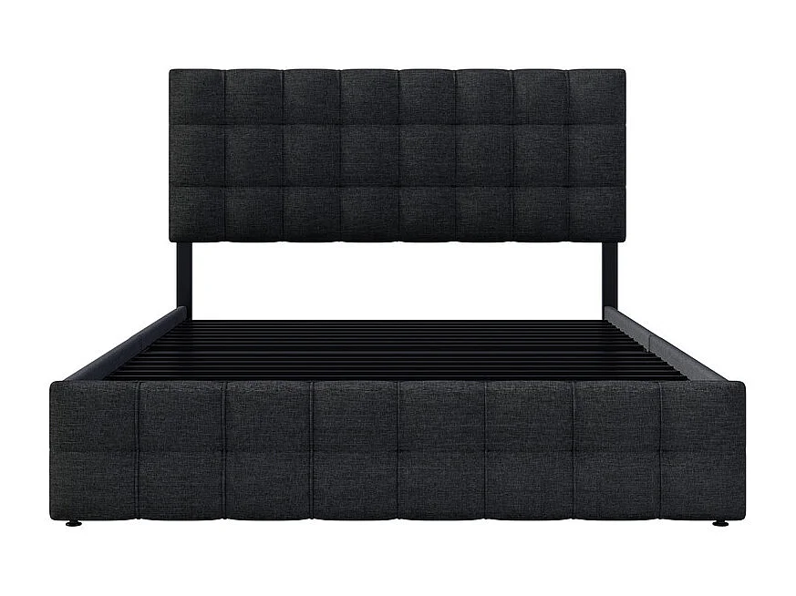 Lit double 140x200cm avec 4 tiroirs - tête de lit réglable - cadre à latte en métal - Lin - Noir (sans matelas)