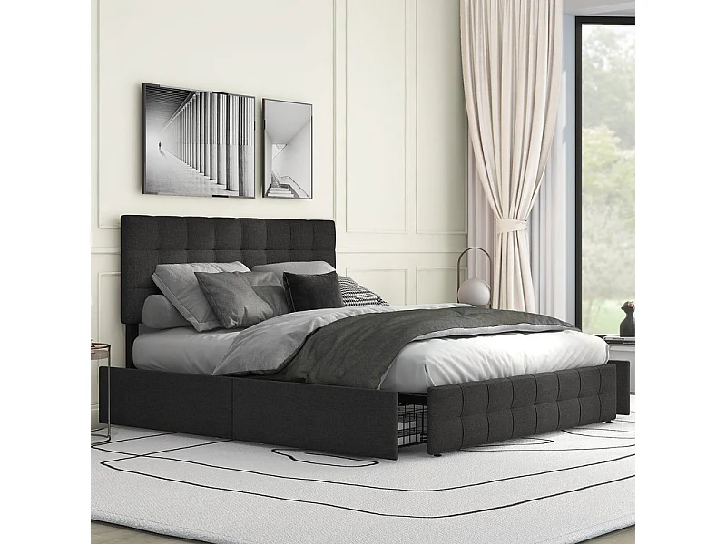 Cama de casal 140x200 cm com 4 gavetas - Cabeceira ajustável - Estrutura de ripas de metal - Linho - Preto (sem colchão)