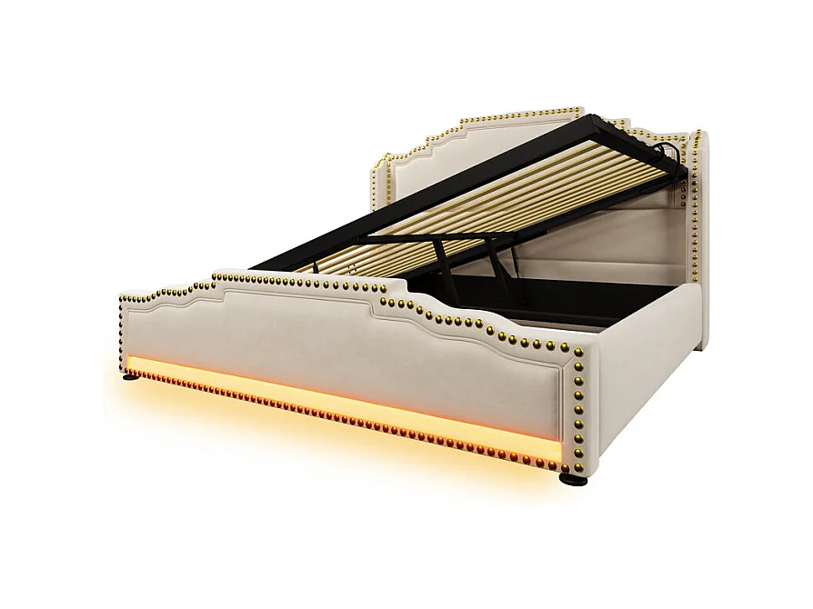 Lit coffre 160x200cm en velours beige - ouvert à gauche ou à droite - avec LED et charge USB/Type-c