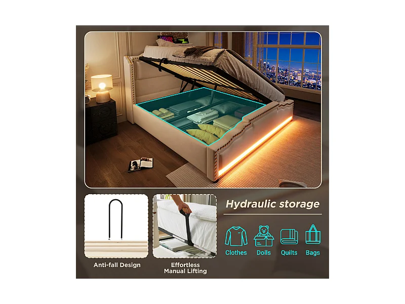Lit coffre 160x200cm en velours beige - ouvert à gauche ou à droite - avec LED et charge USB/Type-c