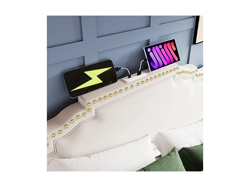 Lit coffre 160x200cm en velours beige - ouvert à gauche ou à droite - avec LED et charge USB/Type-c