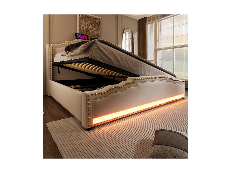 Lit coffre 140x200cm en velours beige - ouvert à gauche ou à droite - avec LED et charge USB/Type-c