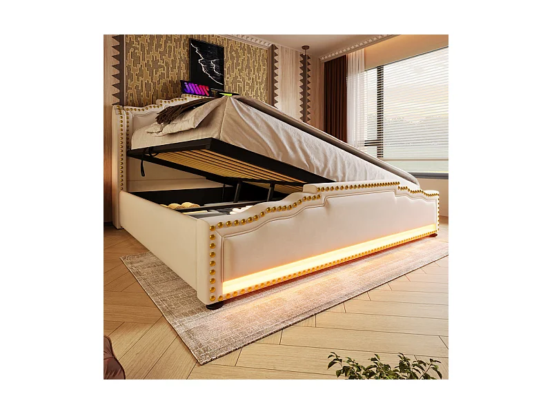 Lit coffre 140x200cm en velours beige - ouvert à gauche ou à droite - avec LED et charge USB/Type-c