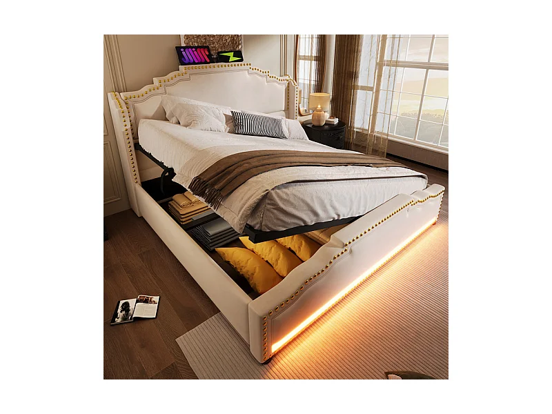 Lit coffre 140x200cm en velours beige - ouvert à gauche ou à droite - avec LED et charge USB/Type-c