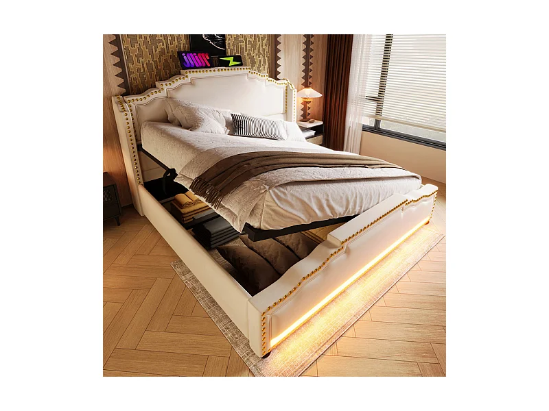 Lit coffre 140x200cm en velours beige - ouvert à gauche ou à droite - avec LED et charge USB/Type-c