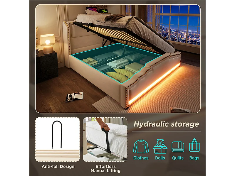 Lit coffre 140x200cm en velours beige - ouvert à gauche ou à droite - avec LED et charge USB/Type-c