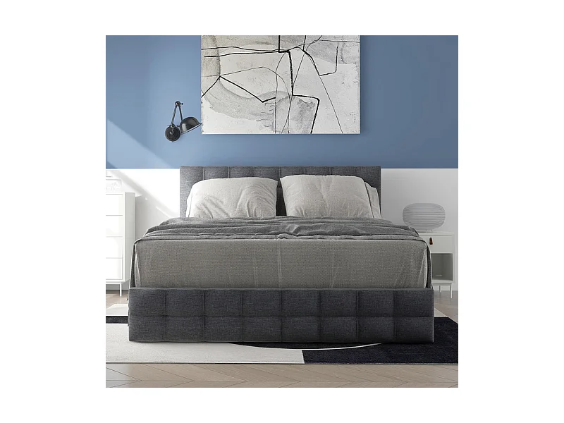 Lit double 140x200cm avec 4 tiroirs - tête de lit réglable - cadre à latte en métal - Lin - Gris (sans matelas)