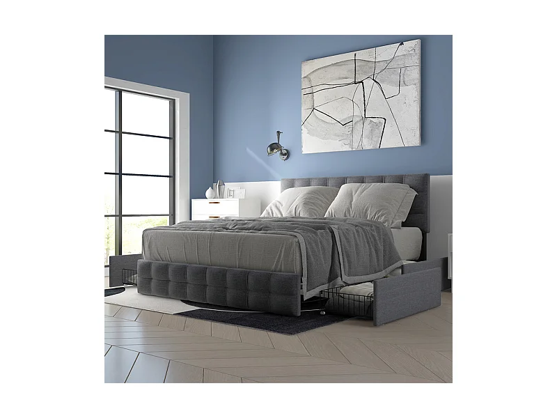 Lit double 140x200cm avec 4 tiroirs - tête de lit réglable - cadre à latte en métal - Lin - Gris (sans matelas)