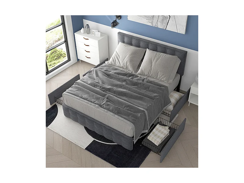 Lit double 140x200cm avec 4 tiroirs - tête de lit réglable - cadre à latte en métal - Lin - Gris (sans matelas)