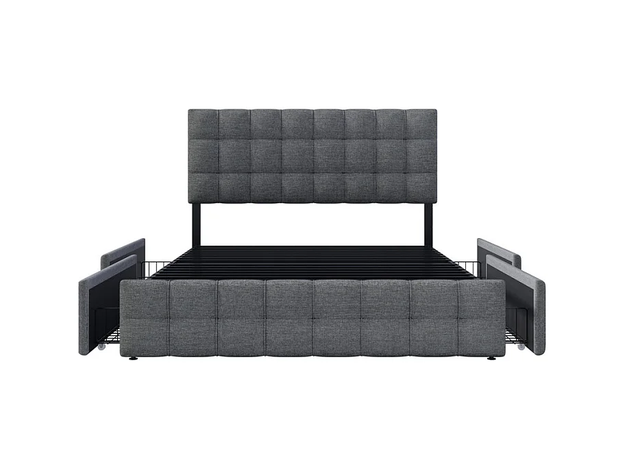 Lit double 140x200cm avec 4 tiroirs - tête de lit réglable - cadre à latte en métal - Lin - Gris (sans matelas)