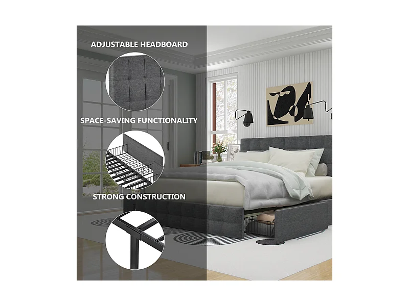Lit double 140x200cm avec 4 tiroirs - tête de lit réglable - cadre à latte en métal - Lin - Gris (sans matelas)