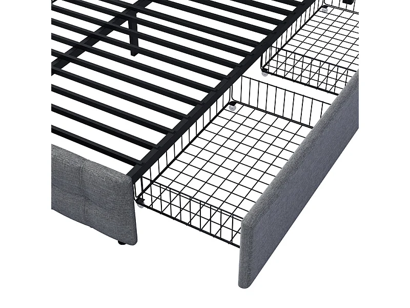 Lit double 140x200cm avec 4 tiroirs - tête de lit réglable - cadre à latte en métal - Lin - Gris (sans matelas)
