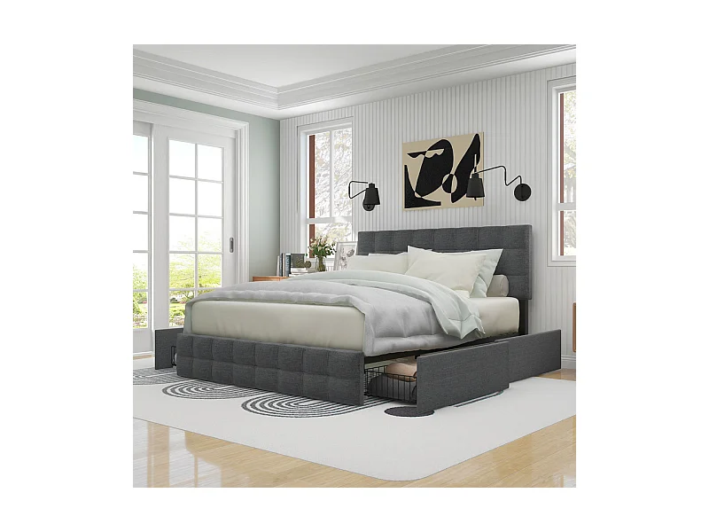 Tweepersoonsbed 140x200 cm met 4 lades - Verstelbare hoofdeinde - Metalen lattenbodem - Linnen - Grijs (zonder matras)