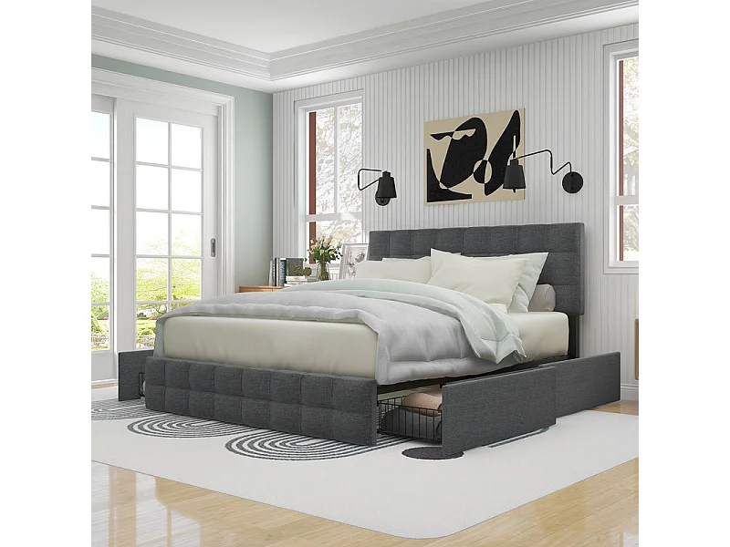 Lit double 140x200cm avec 4 tiroirs - tête de lit réglable - cadre à latte en métal - Lin - Gris (sans matelas)