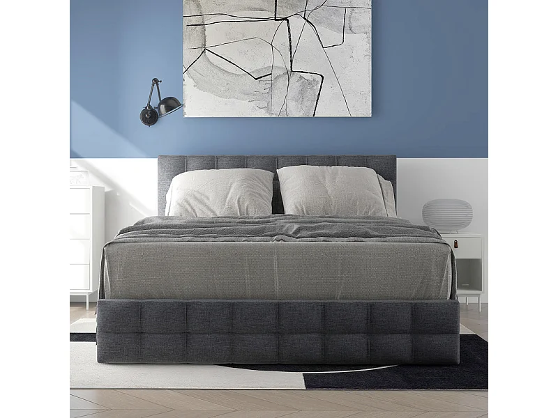 Lit double 140x200cm avec 4 tiroirs - tête de lit réglable - cadre à latte en métal - Lin - Gris (sans matelas)