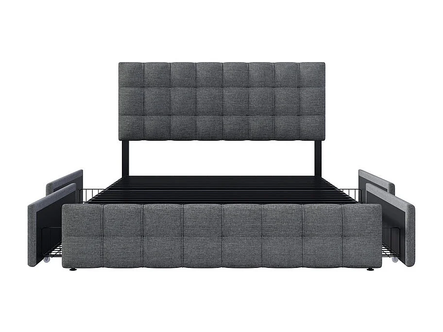 Lit double 140x200cm avec 4 tiroirs - tête de lit réglable - cadre à latte en métal - Lin - Gris (sans matelas)