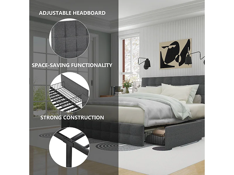 Lit double 140x200cm avec 4 tiroirs - tête de lit réglable - cadre à latte en métal - Lin - Gris (sans matelas)