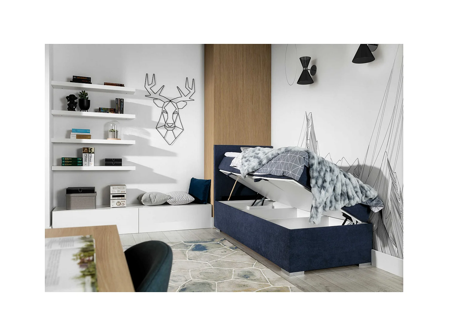 Box Spring Letto Nicole (90x200)/materasso incluso/blu