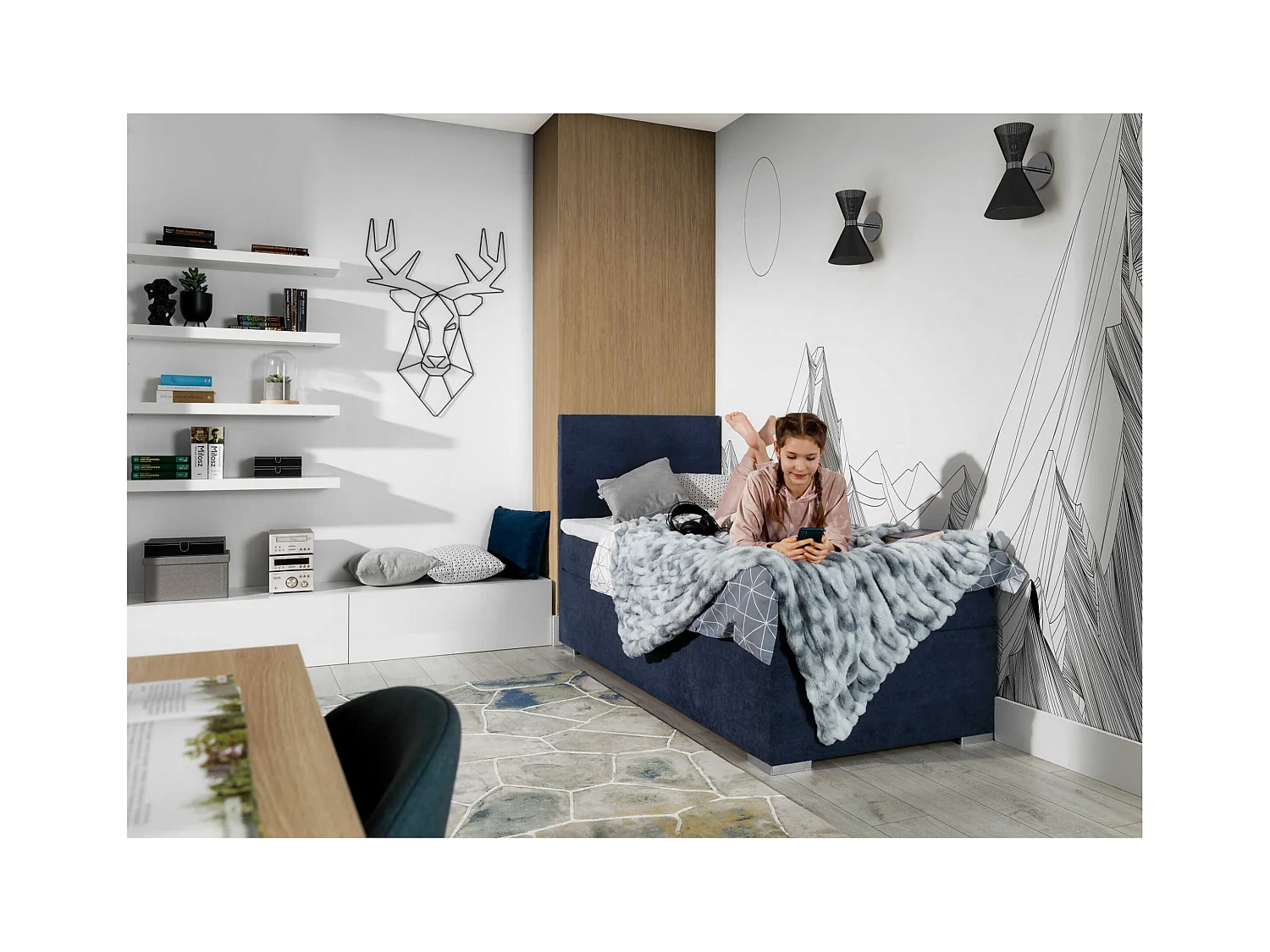 Box Spring Letto Nicole (90x200)/materasso incluso/blu