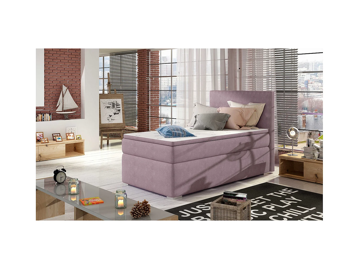 Box Spring Letto Nicole (90x200)/materasso incluso/rosa