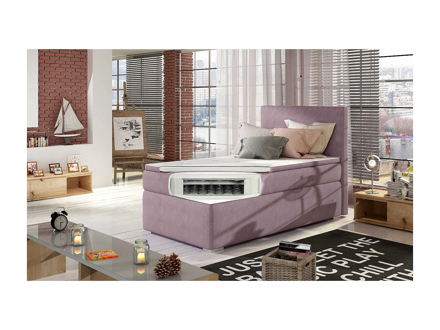 Box Spring Letto Nicole (90x200)/materasso incluso/rosa