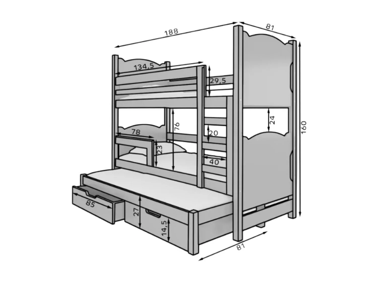Bett Letus (80x180)/Matratze inklusive/grau