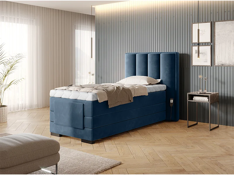 Box Spring Lit Theo-E  XS (90x200)/matelas inclus/bleu