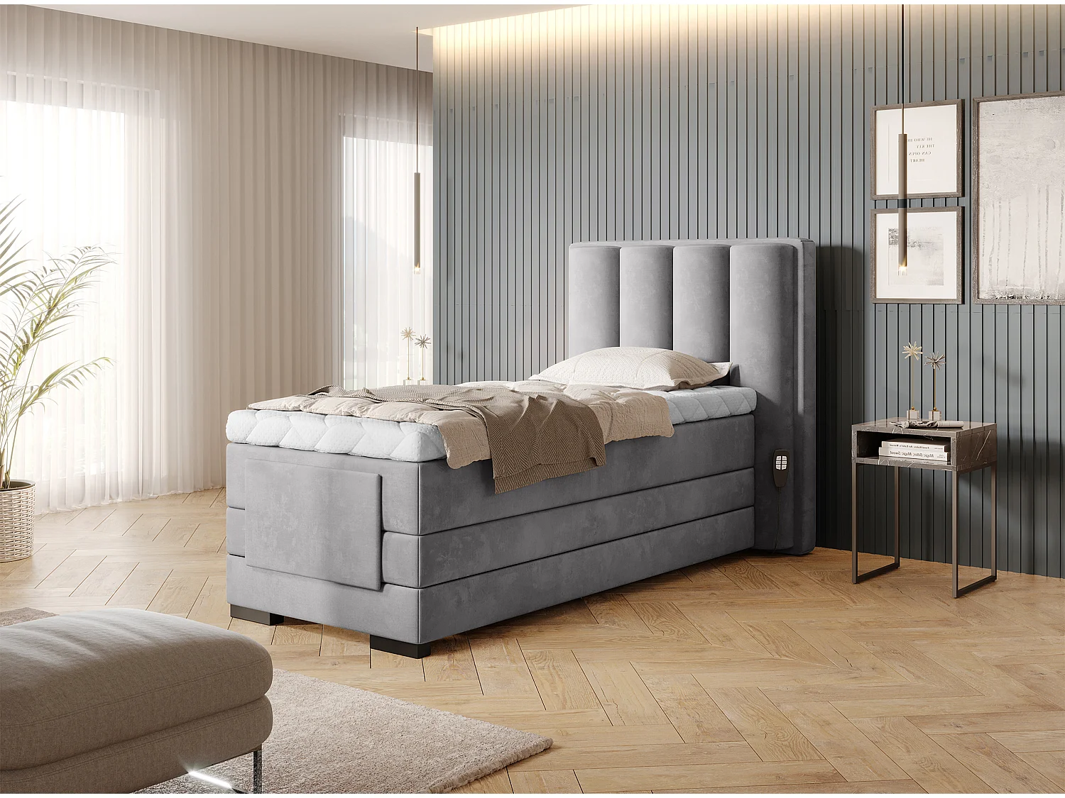 Box Spring Letto Theo-E  XS (90x200)/materasso incluso/grigio
