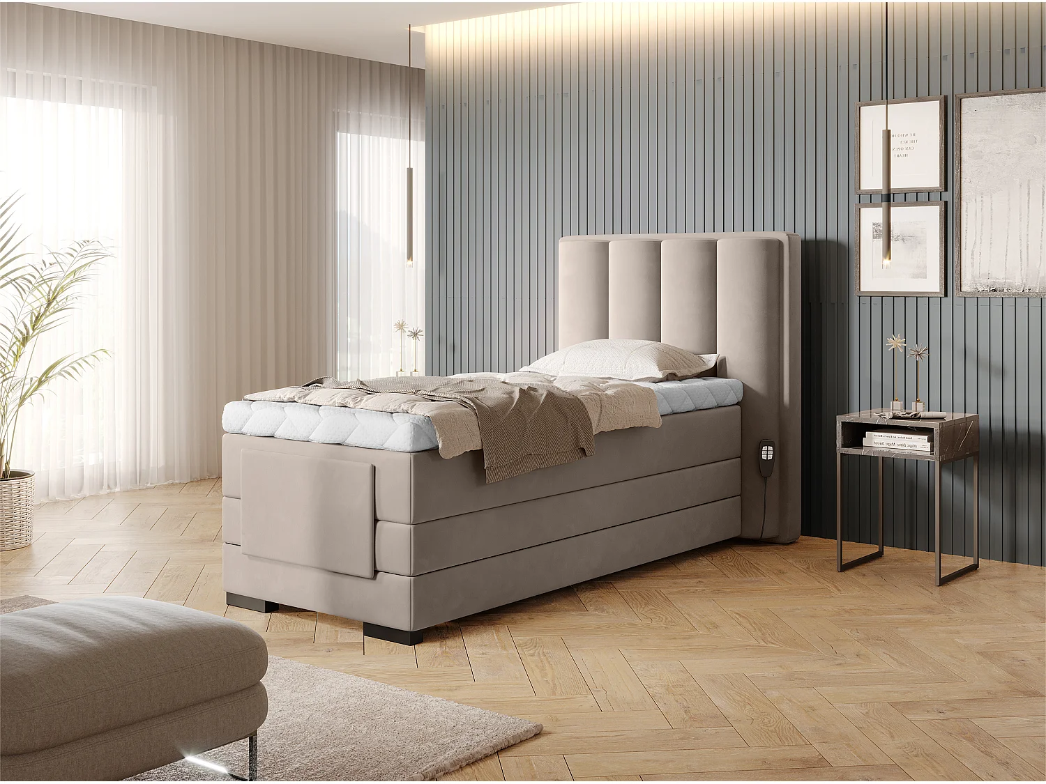 Box Spring Letto Theo-E  XS (90x200)/materasso incluso/beige