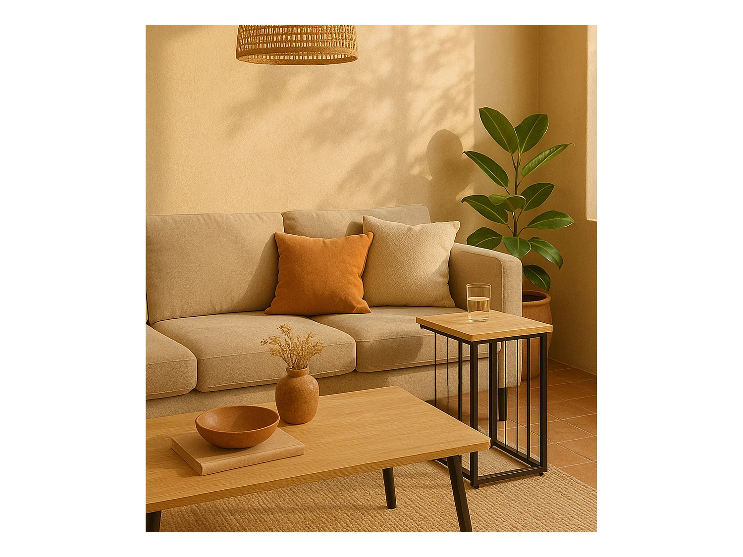 Mesa auxiliar de 50x40x30 cm con tapa de MDF en beige y estructura metálica negra Aruba