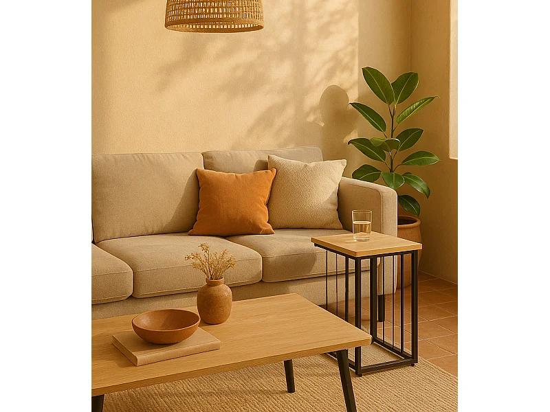 Mesa auxiliar de 50x40x30 cm con tapa de MDF en beige y estructura metálica negra Aruba